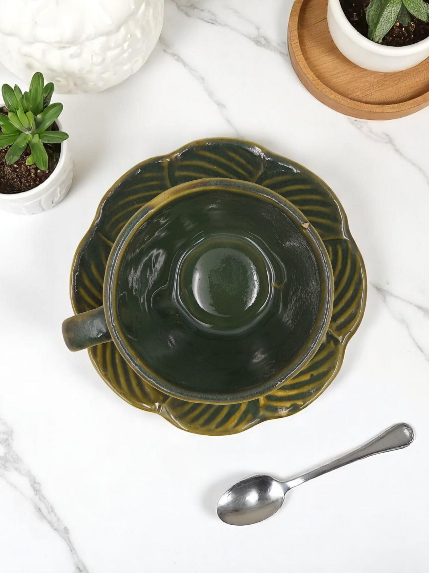 Premium Glazed Olive Green Leaf Ceramic Cup & Saucer