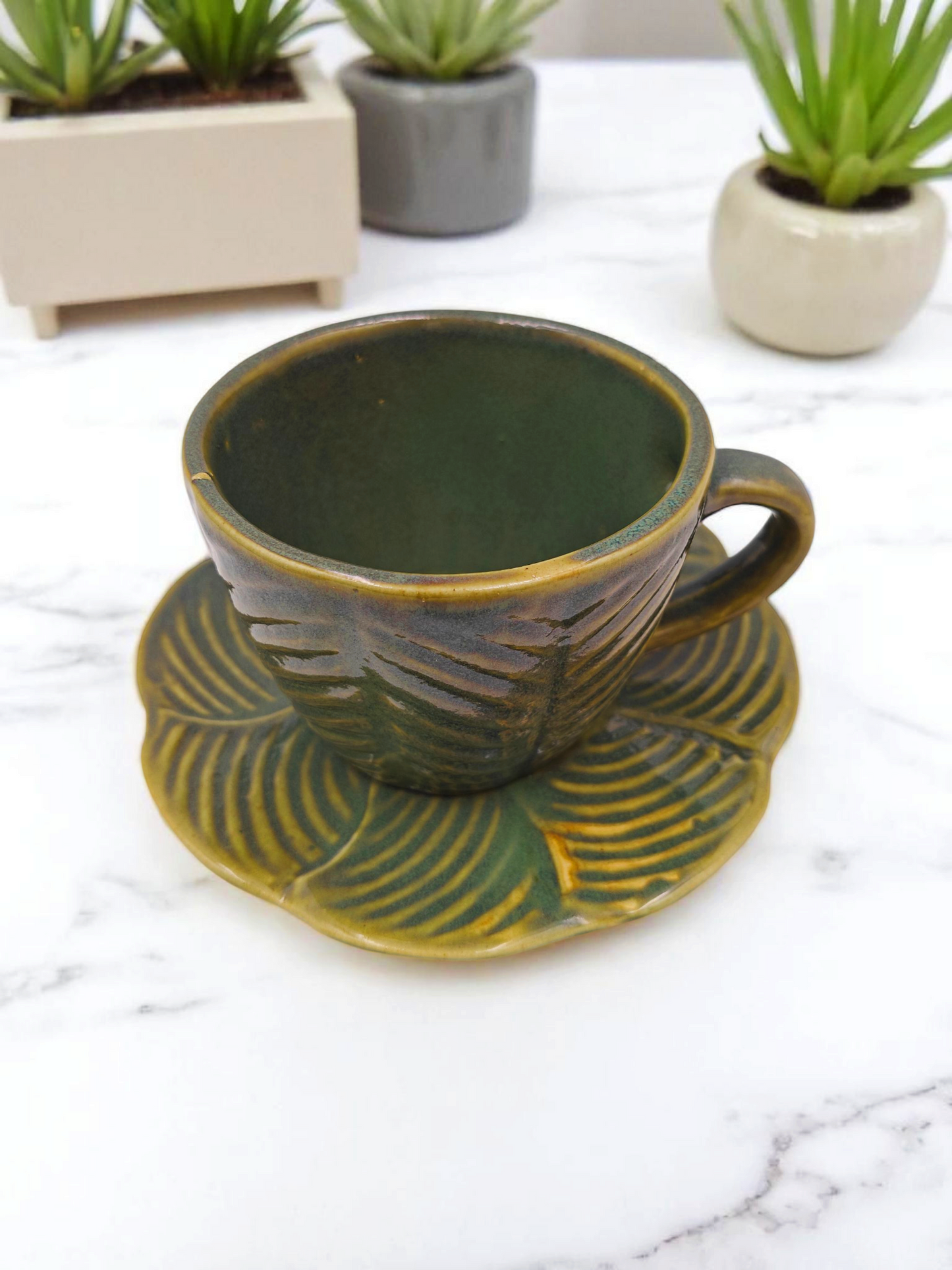 Premium Glazed Olive Green Leaf Ceramic Cup & Saucer
