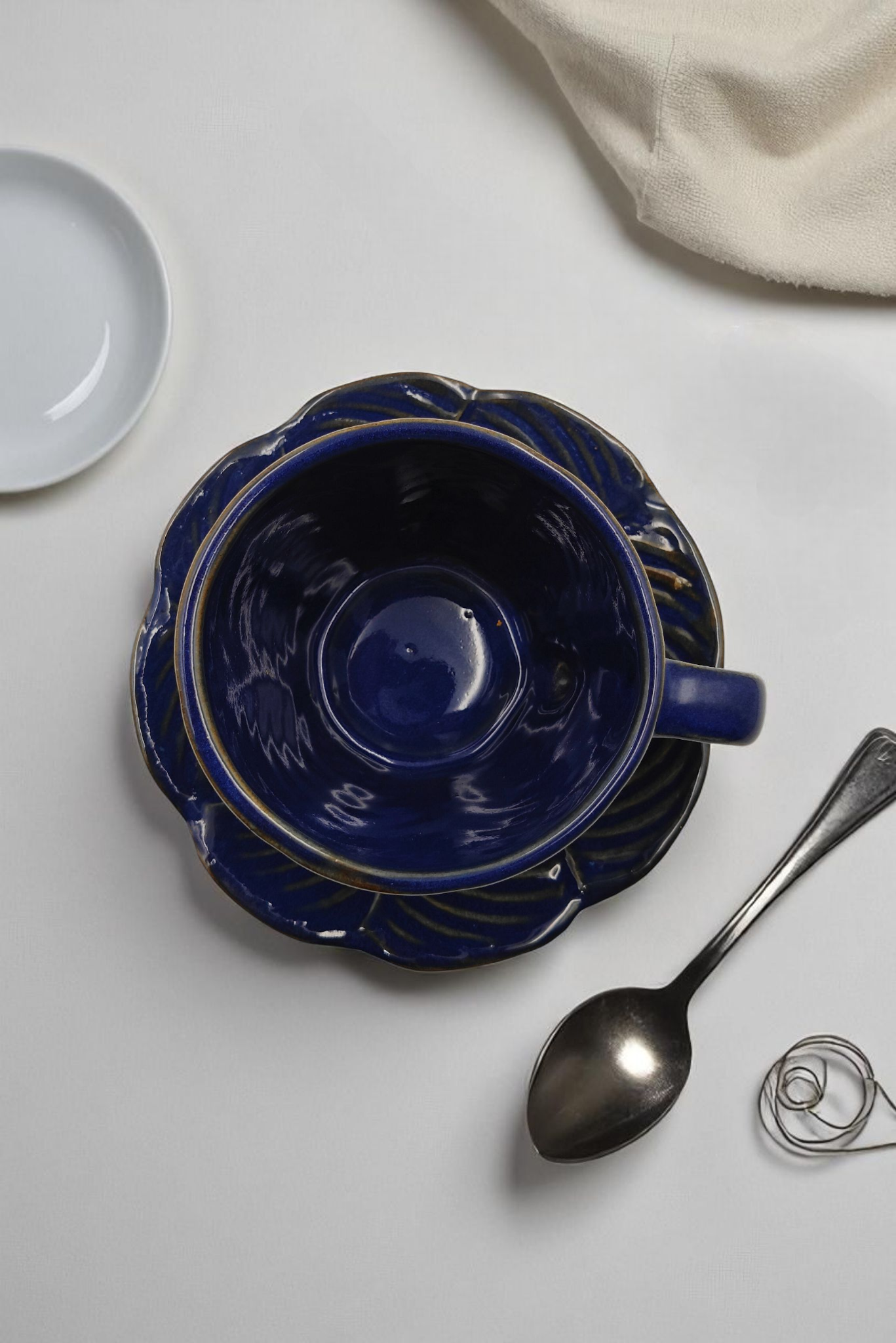 Royal Blue Glazed Leaf Cup and Saucer
