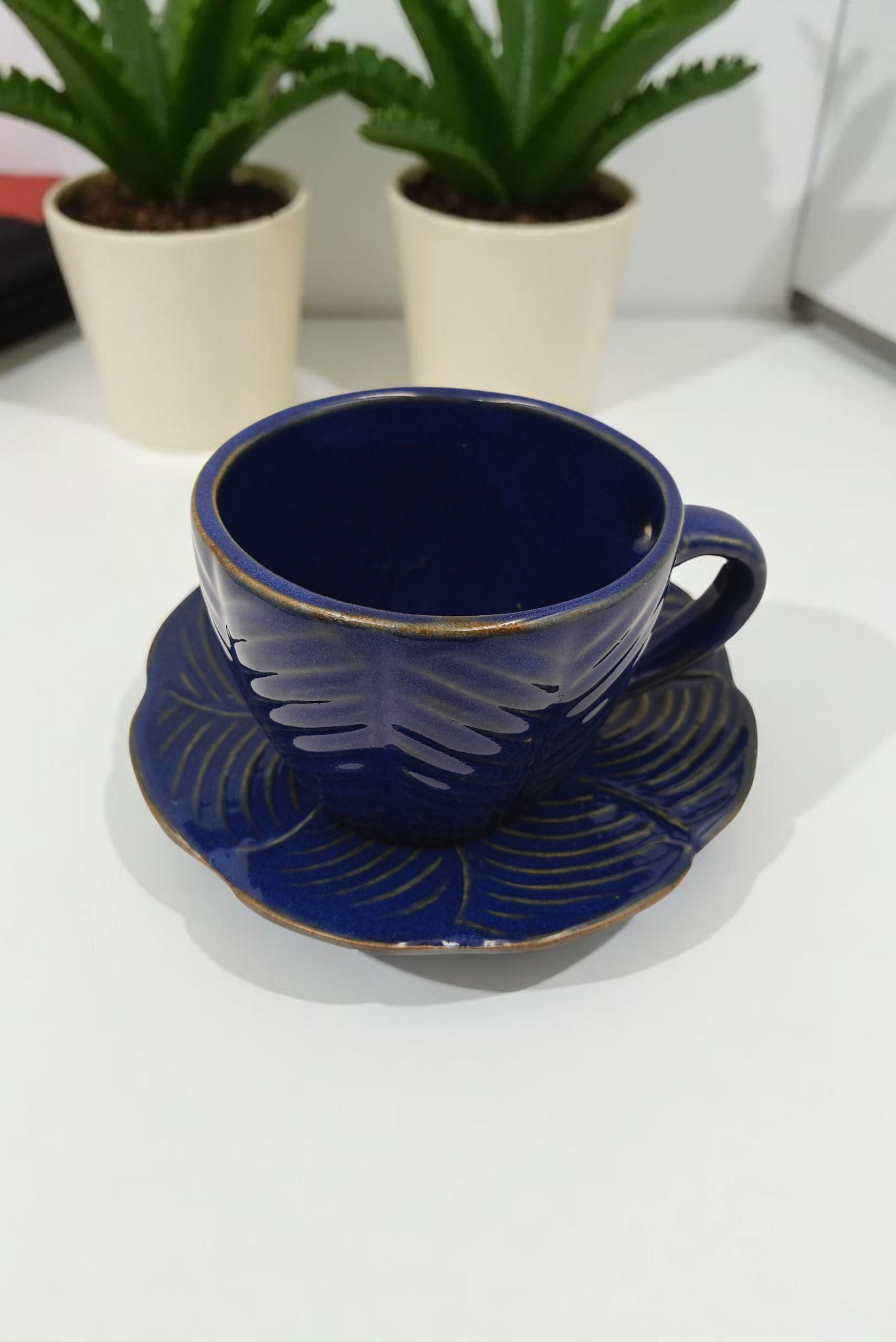 Royal Blue Glazed Leaf Cup and Saucer
