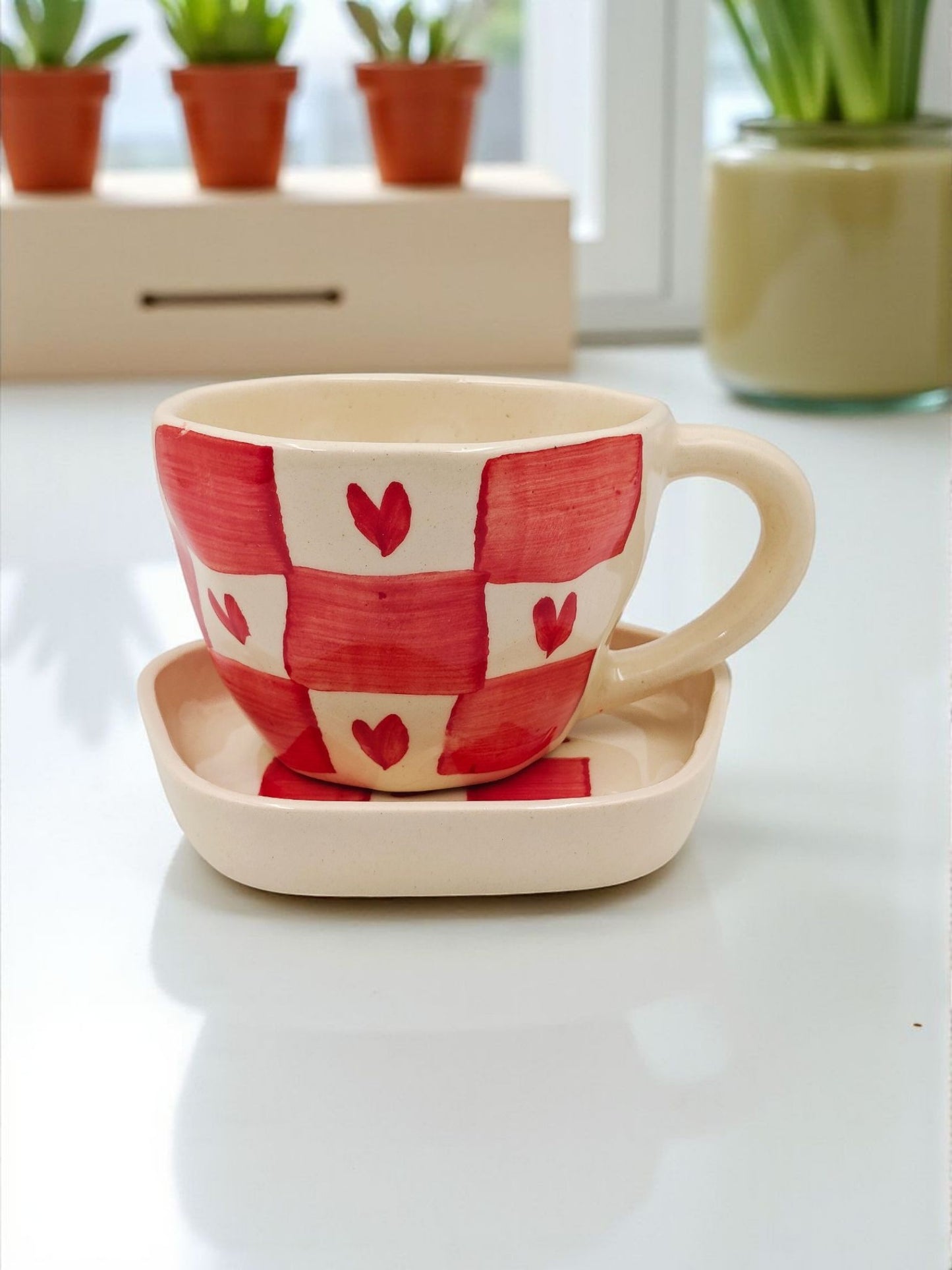Hearts & Checks Cup and Saucer Set