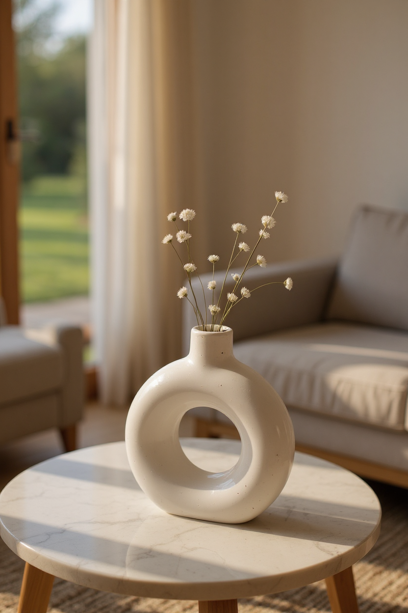 Claykaari Modern Ring Vase – Minimalist White Ceramic Décor