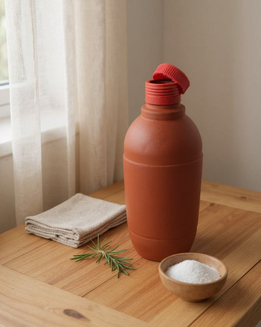 Red ceramic bottle on a wooden table with a bowl of salt and a napkin.