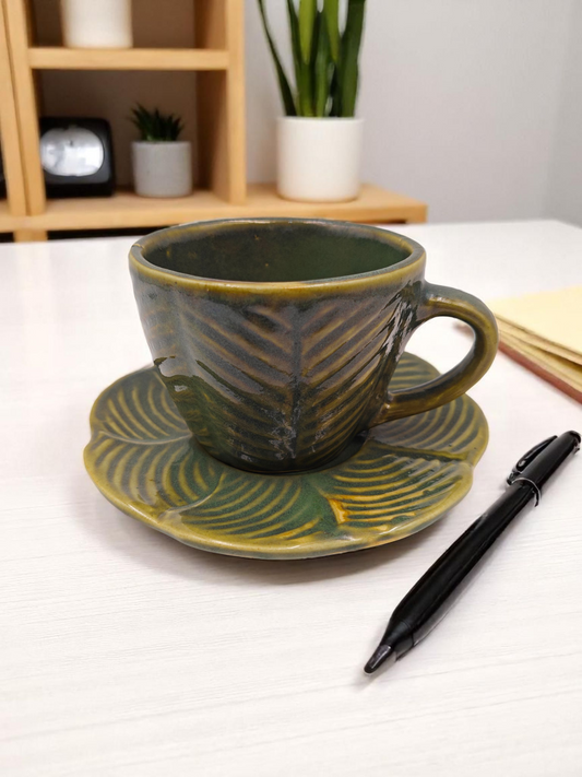 Premium Glazed Olive Green Leaf Ceramic Cup & Saucer