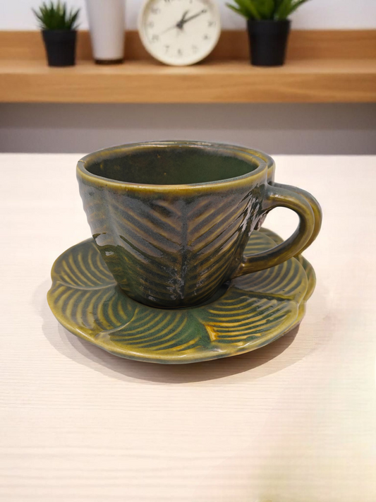 Premium Glazed Olive Green Leaf Ceramic Cup & Saucer