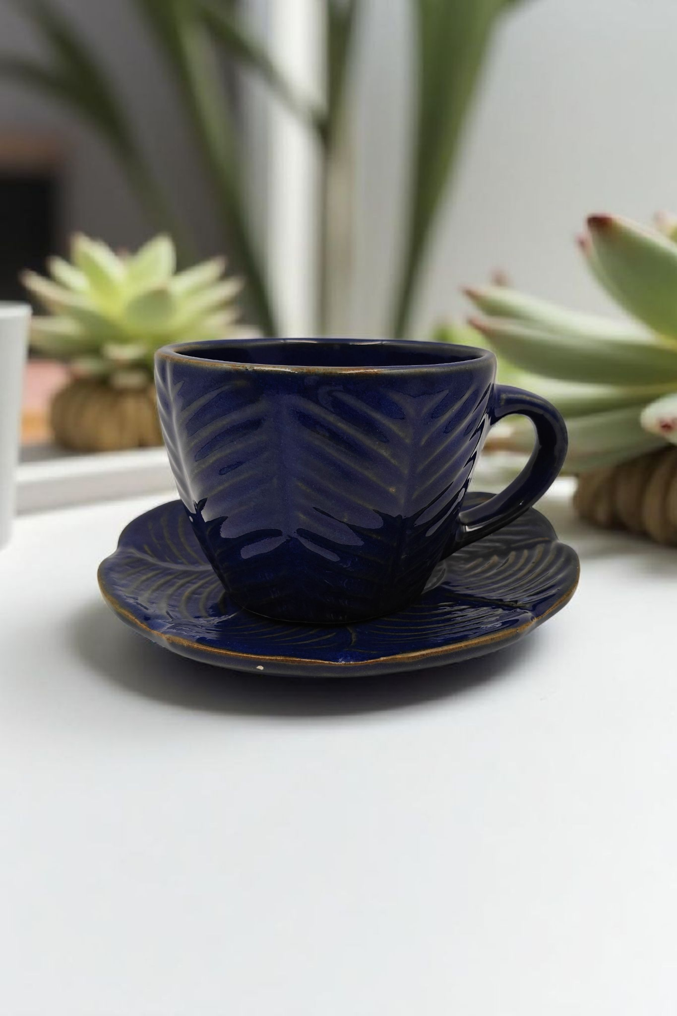 Royal Blue Glazed Leaf Cup and Saucer
