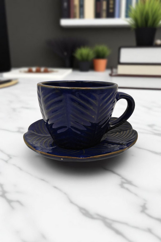 Royal Blue Glazed Leaf Cup and Saucer