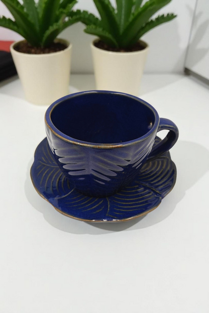 Royal Blue Glazed Leaf Cup and Saucer